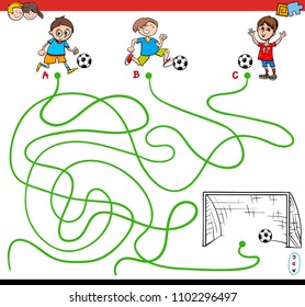 Cartoon Illustration of Paths or Maze Puzzle Activity Game with Kid Boys and Soccer