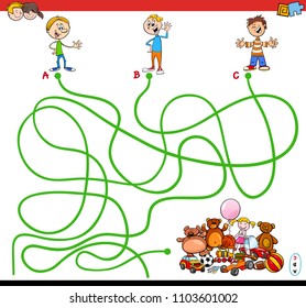 Cartoon Illustration of Paths or Maze Puzzle Activity Game with Kid Boys and Toys