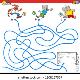 Cartoon Illustration of Paths or Maze Puzzle Activity Game with Soccer Animals