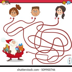Cartoon Illustration of Paths or Maze Puzzle Activity with Santa Claus Character and Children