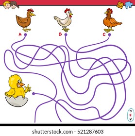 Cartoon Illustration of Paths or Maze Puzzle Activity with Hen and Little Chicken Farm Animal Characters