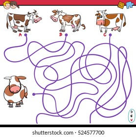 Cartoon Illustration of Paths or Maze Puzzle Activity Game with Calf and Cow Farm Animal Characters