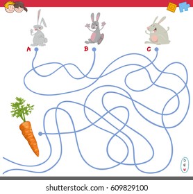 Cartoon Illustration of Paths or Maze Puzzle Activity Game with Rabbit Characters
