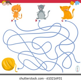 Cartoon Illustration of Paths or Maze Puzzle Activity Game with Kitten Characters and Wool Ball