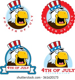 A cartoon illustration of a patriotic bald eagle in a 4th of July themed graphic.