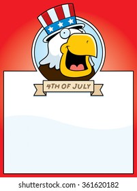 A cartoon illustration of a patriotic bald eagle in a 4th of July themed graphic.