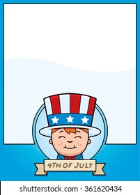 A cartoon illustration of a patriotic boy in a 4th of July themed graphic.