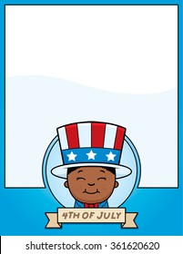 A cartoon illustration of a patriotic boy in a 4th of July themed graphic.