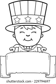A cartoon illustration of a patriotic boy with a banner.