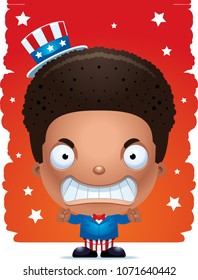 A cartoon illustration of a patriotic boy looking angry.