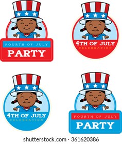 A cartoon illustration of a patriotic girl in a 4th of July themed graphic.