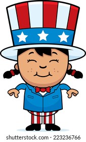 A cartoon illustration of a patriotic girl standing and smiling.