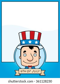 A cartoon illustration of a patriotic man in a 4th of July themed graphic.
