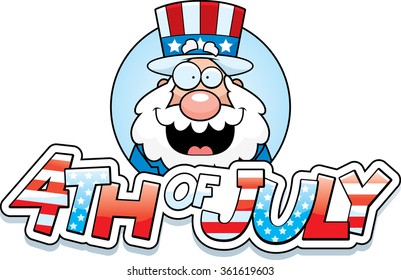 A cartoon illustration of a patriotic man in a 4th of July themed graphic.