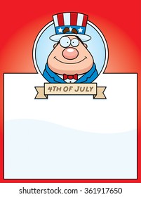 A cartoon illustration of a patriotic man in a 4th of July themed graphic.