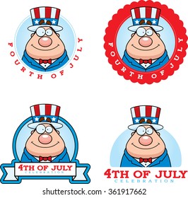 A cartoon illustration of a patriotic man in a 4th of July themed graphic.