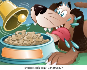 Cartoon illustration of Pavlov's Dog excited for Dollar shaped biscuits.