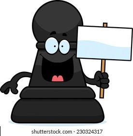 A cartoon illustration of a pawn chess piece holding a sign.