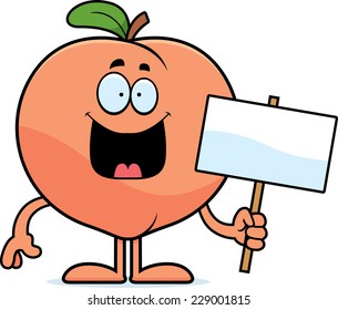A cartoon illustration of a peach holding a sign.