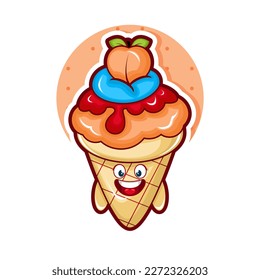 Cartoon illustration of peach ice cream with smiley face