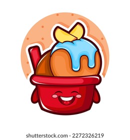 Cartoon illustration of peach ice cream with smiley face
