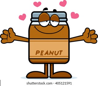 A cartoon illustration of a peanut butter jar ready to give a hug.