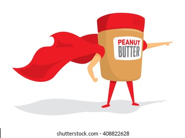 Cartoon illustration of peanut butter jar super hero saving the day