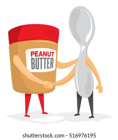 Cartoon illustration of peanut butter jar and spoon shaking hands