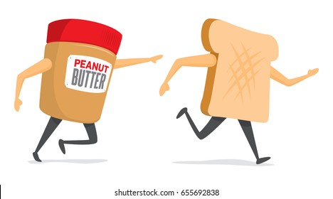 Cartoon illustration of peanut butter jar running after toast