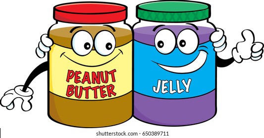 Cartoon Illustration Of Peanut Butter And Jelly Jars.