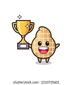 Cartoon Illustration of peanut is happy holding up the golden trophy , cute design