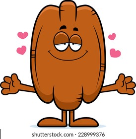A cartoon illustration of a pecan ready to give a hug.