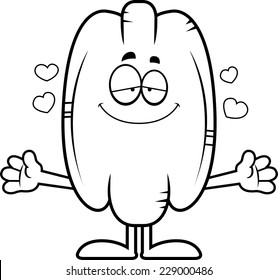 A cartoon illustration of a pecan ready to give a hug.