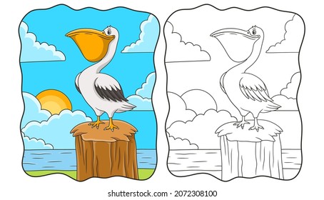 cartoon illustration pelicans perched on tree trunks near the river book or page for kids