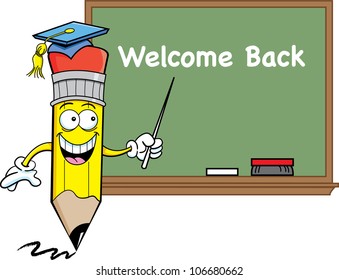 Cartoon illustration of a pencil at a blackboard