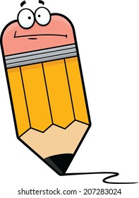 Cartoon illustration of a pencil with a confused expression. 