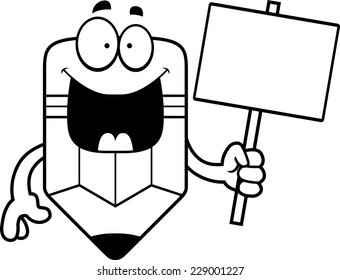 A cartoon illustration of a pencil holding a sign.