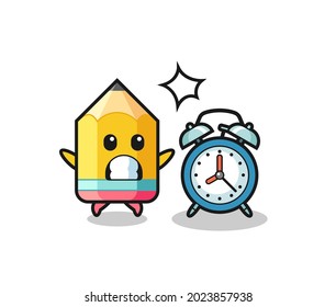 Cartoon Illustration of pencil is surprised with a giant alarm clock , cute style design for t shirt, sticker, logo element