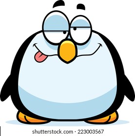 A cartoon illustration of a penguin looking drunk.