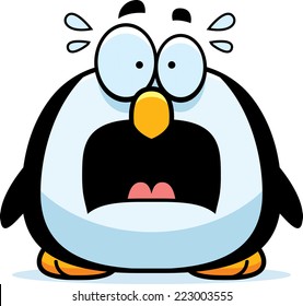 A cartoon illustration of a penguin looking scared.