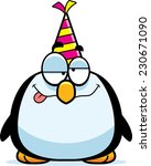 A cartoon illustration of a penguin with a party hat looking drunk.