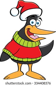 Cartoon illustration of a penguin wearing a sweater and a Santa hat.