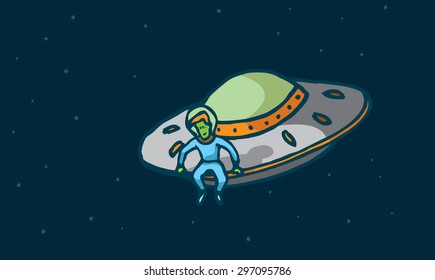 Cartoon illustration of a pensive alien sitting in his spaceship looking down