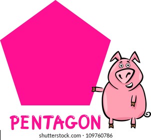 Cartoon Illustration of Pentagon Basic Geometric Shape with Funny Pig Character for Children Education