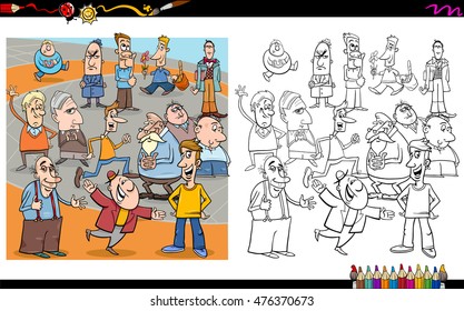 Cartoon Illustration of People Characters Crowd on the Street Coloring Book Activity