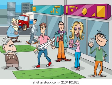 Cartoon illustration of people comic characters group on street in the city