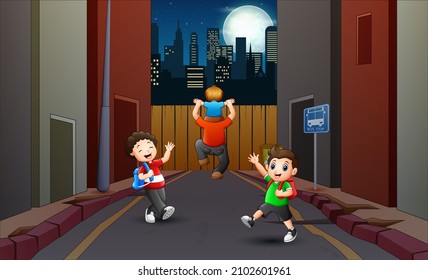 Cartoon illustration of people crossing the street at night