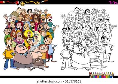 Cartoon Illustration of People in the Crowd Coloring Book Activity