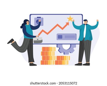 Cartoon illustration of people happy with how the market growth. Line chart and coin vector background.