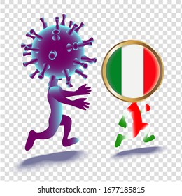 Cartoon illustration of people in the image of the bacteria Coronovirus and the Italy. Isolated image of cartoon characters. Epidemic concept.